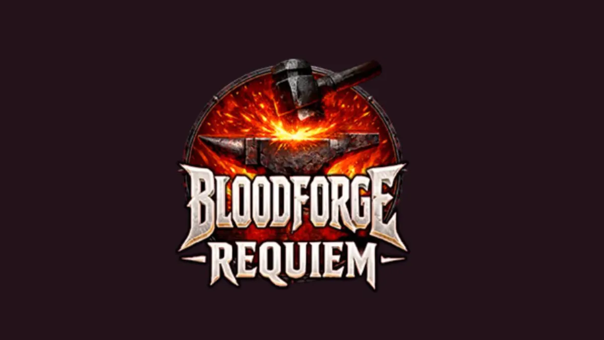 Tampilan antarmuka seluler Bloodforge Requiem dengan tema bengkel pandai besi yang membara
