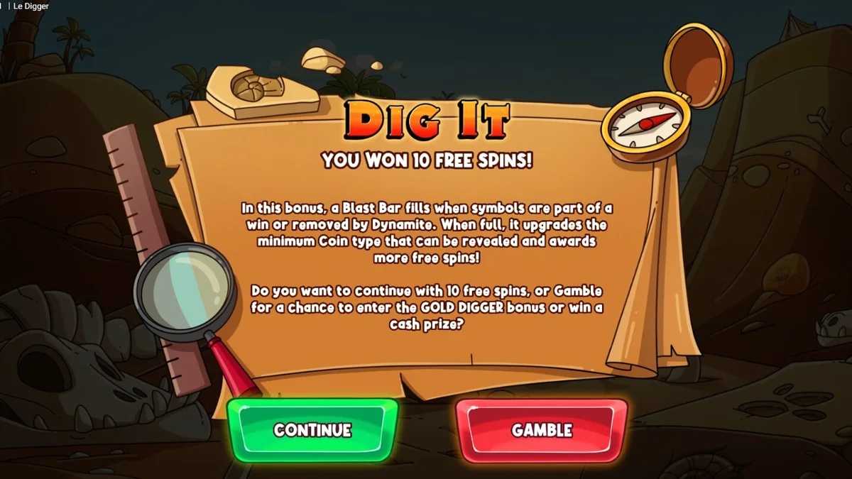 Visual utama slot Le Digger menampilkan Smokey si rakun di latar gurun dengan grid batu yang penuh simbol.
