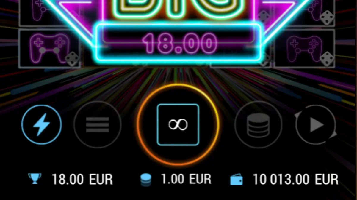 Tampilan visual neon retro dari mesin slot Dopamine Rush Dice